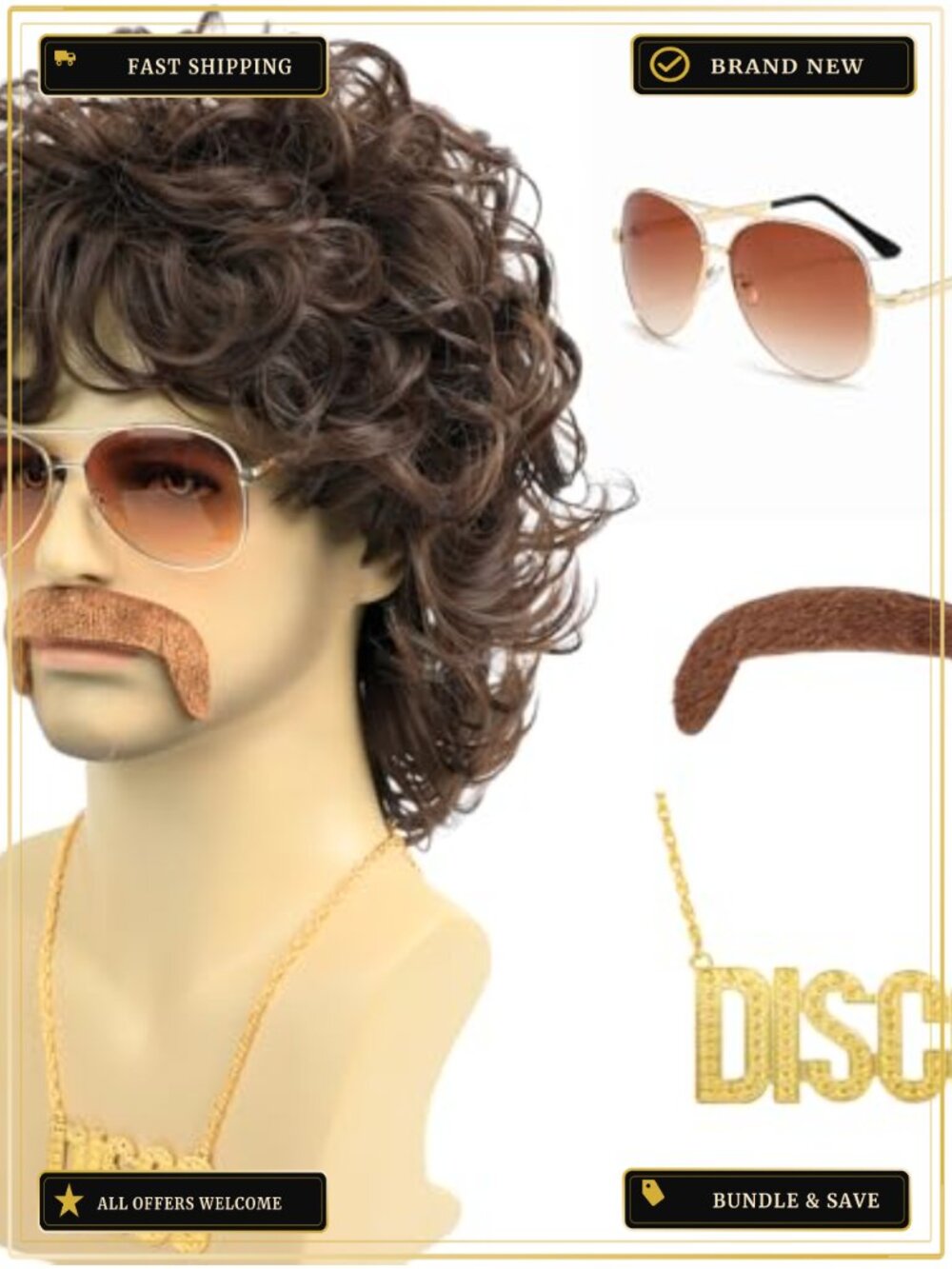 Men's 70s Disco Wig Set Curly Mullet Cosplay Costume with Glasses Necklace